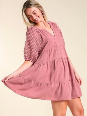 Umgee Dusty Rose Textured Puff Sleeve Tiered Mini Dress